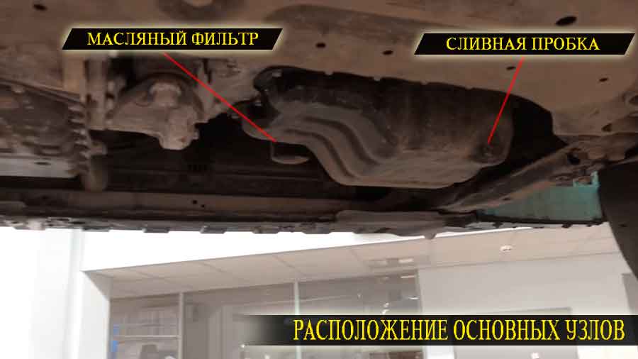 Расположение сливной пробки и масляного фильтра