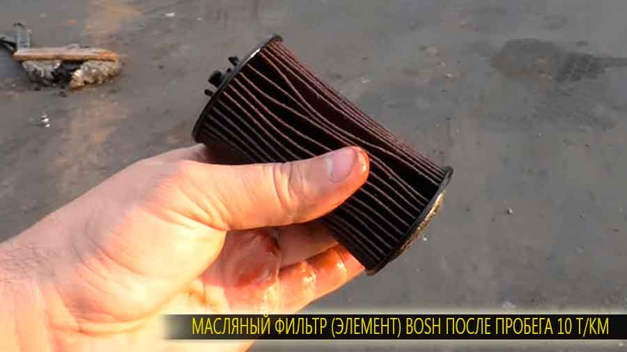 Хорошее состояние масляного фильтра (элемента) фирмы Bosh после пробега 10 000 км. Нет порванных сторон, все целое.