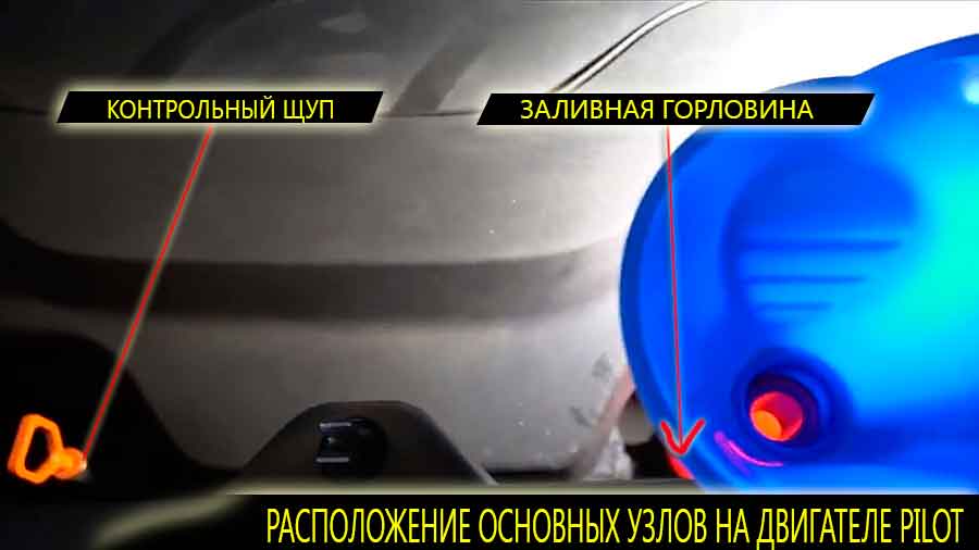 Расположение заливной горловины и контрольного щупа на двигателе Хонда Пилот