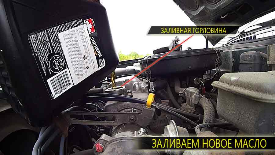 После слива старой отработки и замены фильтра очистки мы можем заливать новое масло ориентируясь при этом по контрольному щупу.