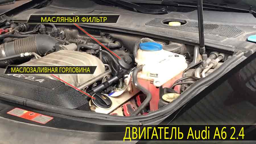 Расположение маслозаливной горловины и масляного фильтра на двигателе Ауди А6 2.4 литра